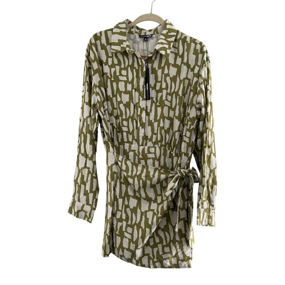 Fashion Nova Womens Olive Green White Abstract Think It Through Romper XL Boho a